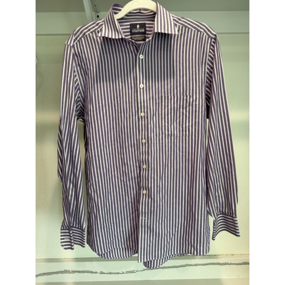 Stafford Men's Long-Sleeve Button-Down‎ Purple Stripes Size 16 (34-35) - Picture 1 of 8